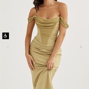House of CB Natalya Olive Gold Off-Shoulder Bodycon Dress, size S, new with tag